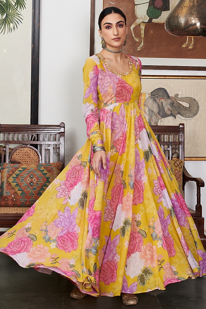 Mustard Georgette Floral Digital Printed Party Wear Anarkali Set by Blooming Threads at Pernia's Pop Up Shop