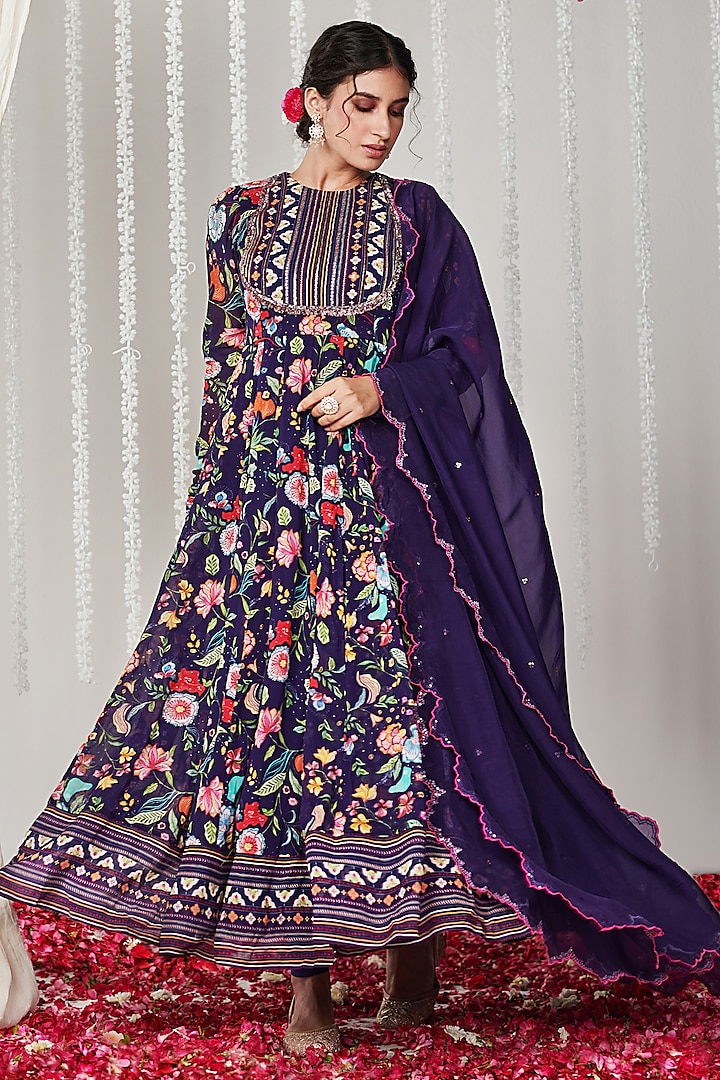 Purple Georgette Floral Printed & Embroidered Anarkali Set by Inara