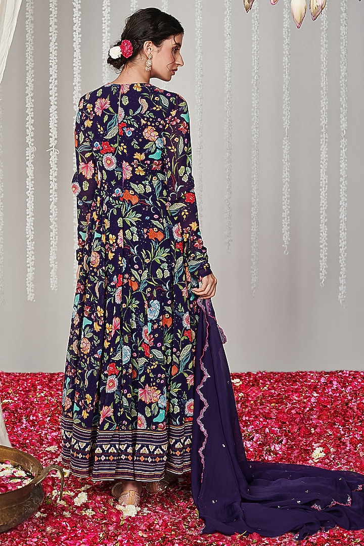 Purple Georgette Floral Printed & Embroidered Party Wear Anarkali Set by Blooming Threads at Pernia's Pop Up Shop
