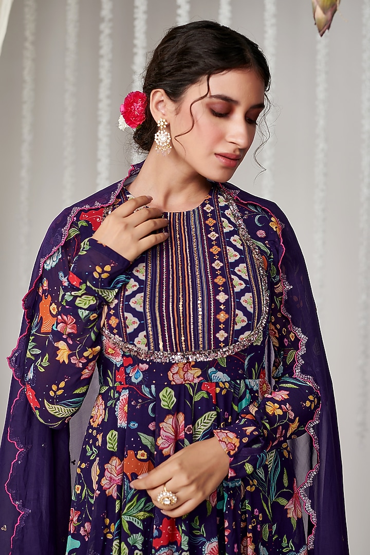 Purple Georgette Floral Printed & Embroidered Party Wear Anarkali Set by Blooming Threads at Pernia's Pop Up Shop