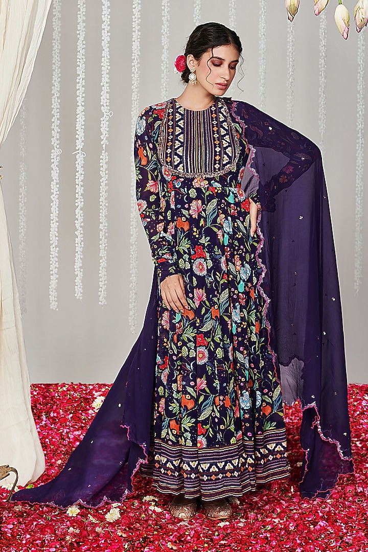 Purple Georgette Floral Printed & Embroidered Party Wear Anarkali Set by Blooming Threads at Pernia's Pop Up Shop