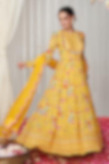 Yellow Georgette Floral Printed & Embroidered Anarkali Set by Blooming Threads at Pernia's Pop Up Shop