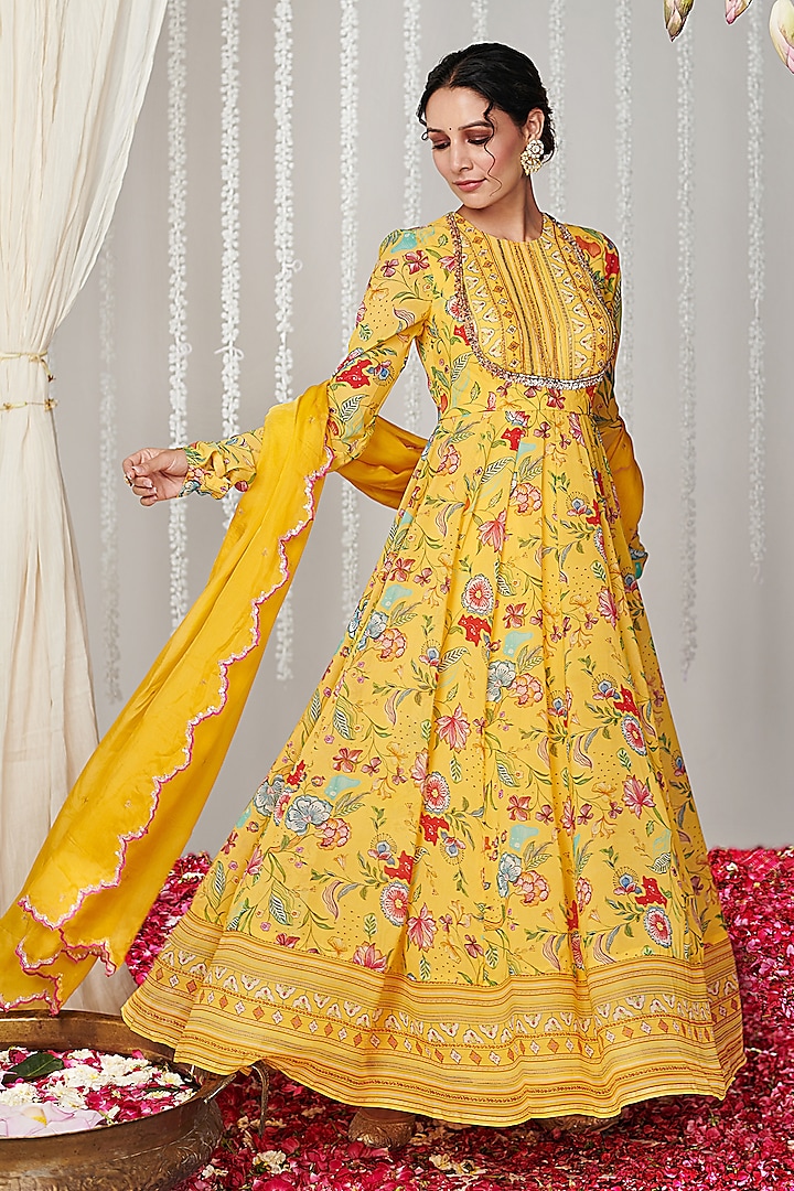 Yellow Georgette Floral Printed & Embroidered Anarkali Set by Blooming Threads at Pernia's Pop Up Shop