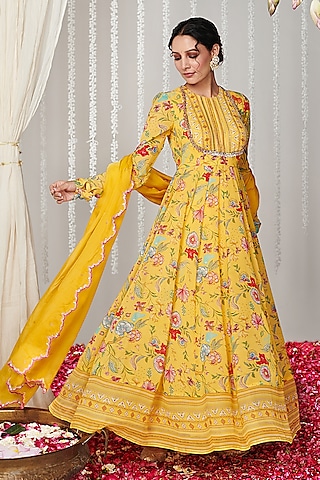 Yellow Georgette Floral Printed & Embroidered Anarkali Set by Blooming Threads