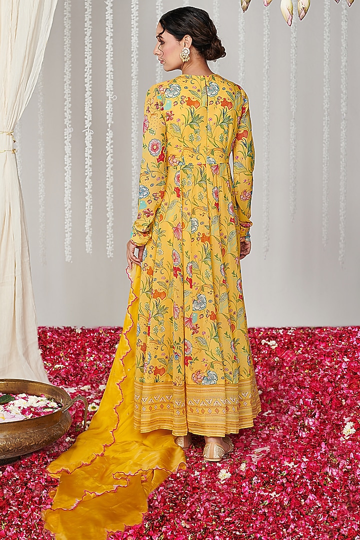 Yellow Georgette Floral Printed & Embroidered Party Wear Anarkali Set by Blooming Threads at Pernia's Pop Up Shop