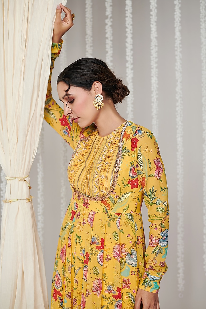 Yellow Georgette Floral Printed & Embroidered Party Wear Anarkali Set by Blooming Threads at Pernia's Pop Up Shop