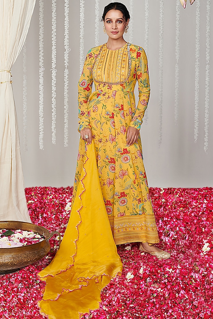 Yellow Georgette Floral Printed & Embroidered Party Wear Anarkali Set by Blooming Threads at Pernia's Pop Up Shop