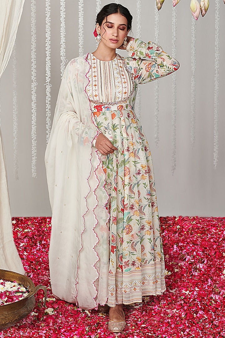White Georgette Floral Printed & Embroidered Anarkali Set by Inara
