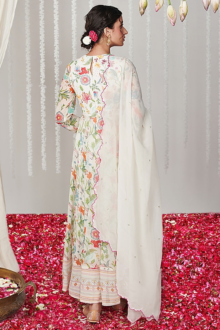White Georgette Floral Printed & Embroidered Party Wear Anarkali Set by Blooming Threads at Pernia's Pop Up Shop