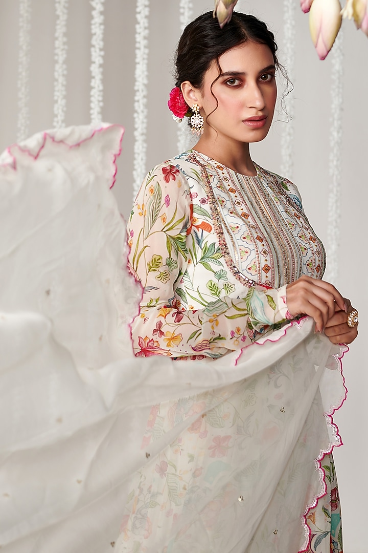 White Georgette Floral Printed & Embroidered Party Wear Anarkali Set by Blooming Threads at Pernia's Pop Up Shop