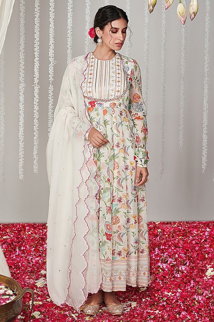 White Georgette Floral Printed & Embroidered Party Wear Anarkali Set by Blooming Threads at Pernia's Pop Up Shop