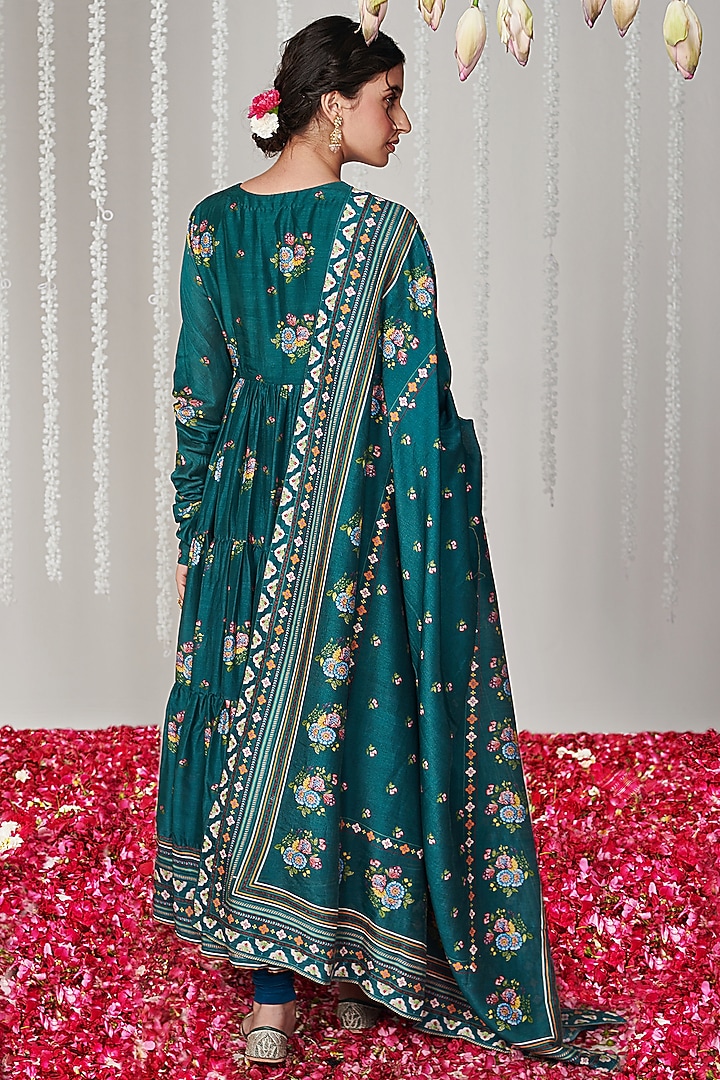 Green Cotton Silk Printed Angrakha Party Wear Anarkali Set by Blooming Threads at Pernia's Pop Up Shop