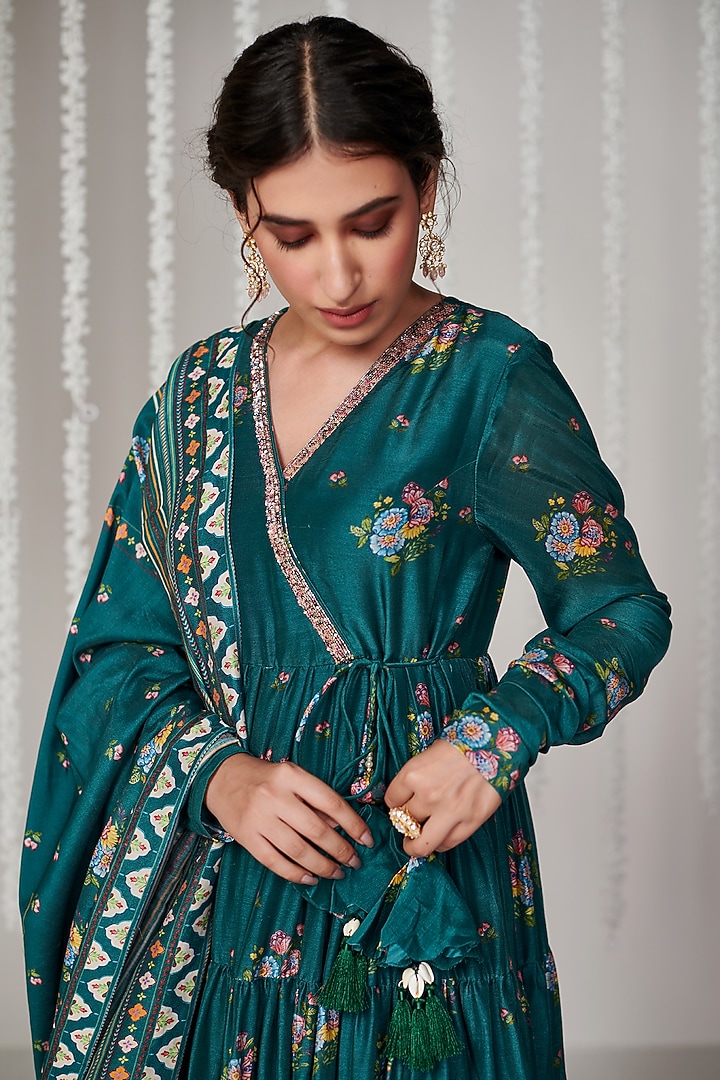 Green Cotton Silk Printed Angrakha Party Wear Anarkali Set by Blooming Threads at Pernia's Pop Up Shop