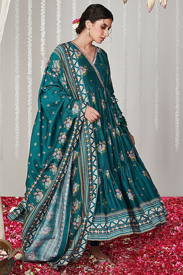 Green Cotton Silk Printed Angrakha Party Wear Anarkali Set by Blooming Threads at Pernia's Pop Up Shop