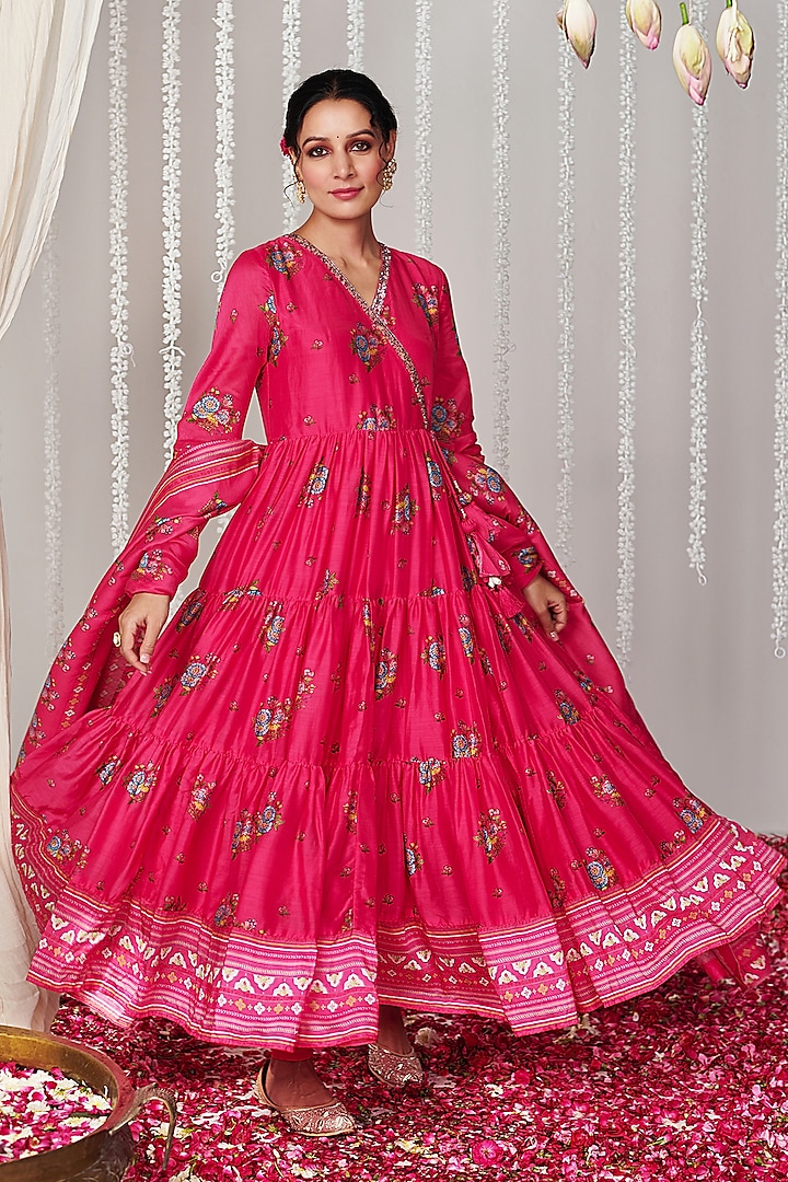 Hot Pink Cotton Silk Printed Angrakha Anarkali Set by Blooming Threads at Pernia's Pop Up Shop