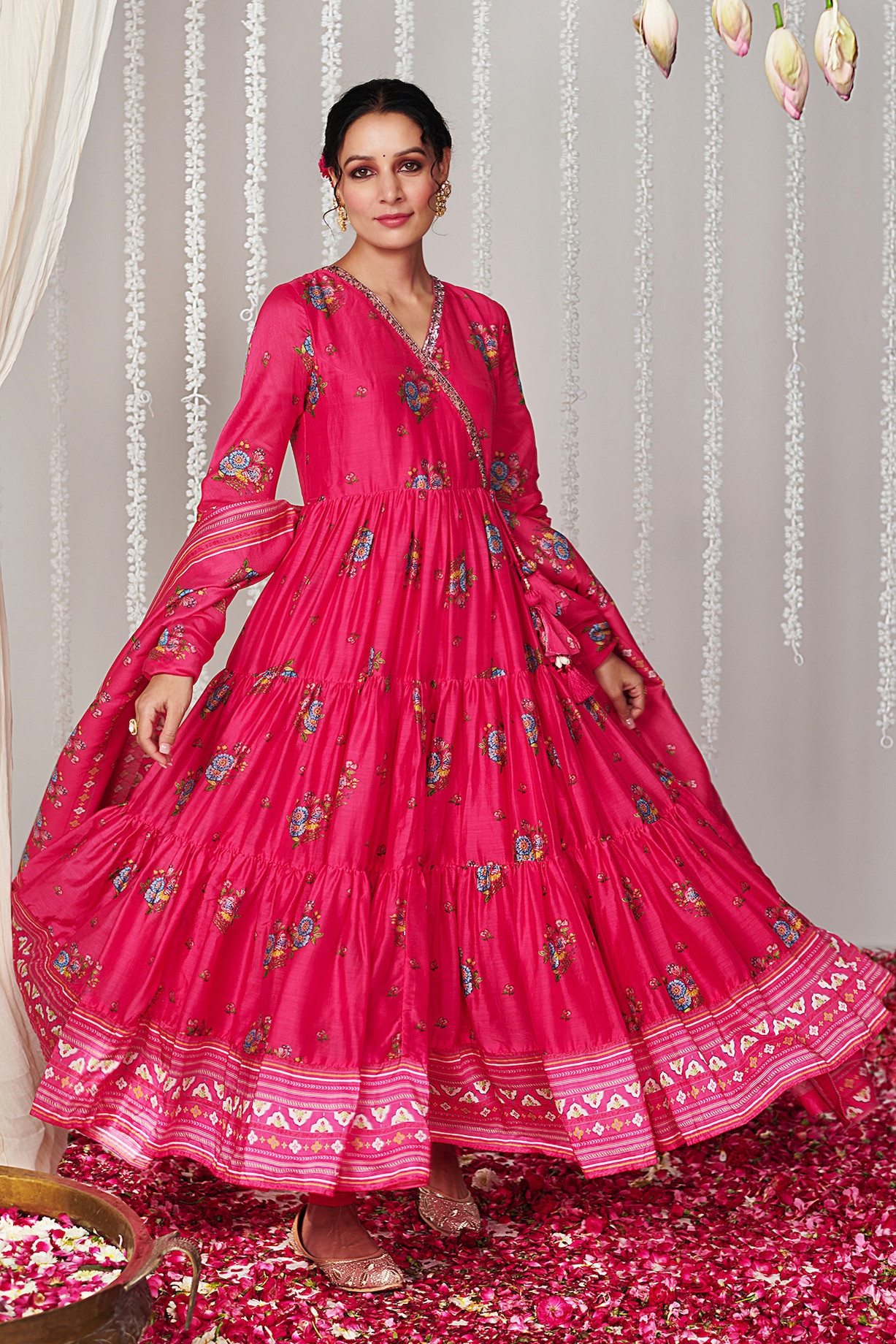 Hot Pink Cotton Silk Printed Angrakha Anarkali Set By Blooming Threads 