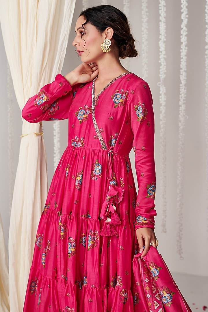 Hot Pink Cotton Silk Printed Angrakha Party Wear Anarkali Set by Blooming Threads at Pernia's Pop Up Shop