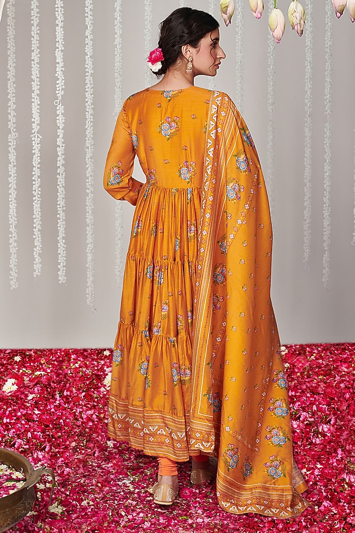 Orange Cotton Silk Printed Angrakha Party Wear Anarkali Set by Blooming Threads at Pernia's Pop Up Shop