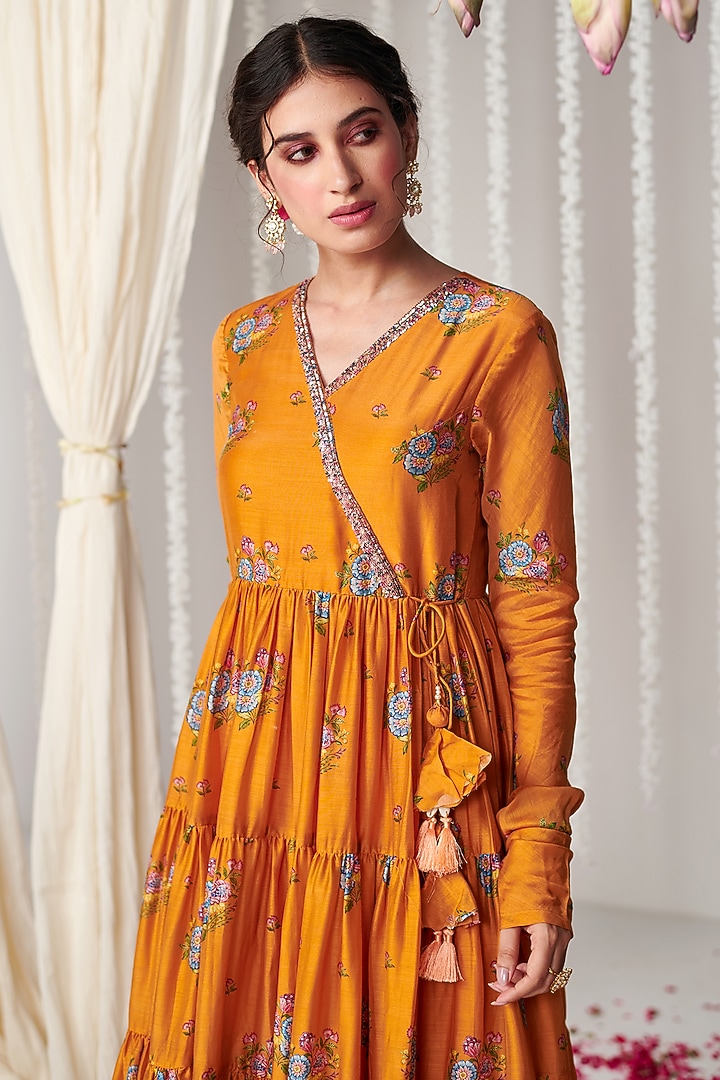 Orange Cotton Silk Printed Angrakha Party Wear Anarkali Set by Blooming Threads at Pernia's Pop Up Shop