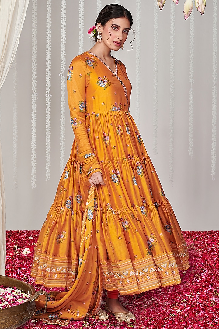 Orange Cotton Silk Printed Angrakha Party Wear Anarkali Set by Blooming Threads at Pernia's Pop Up Shop