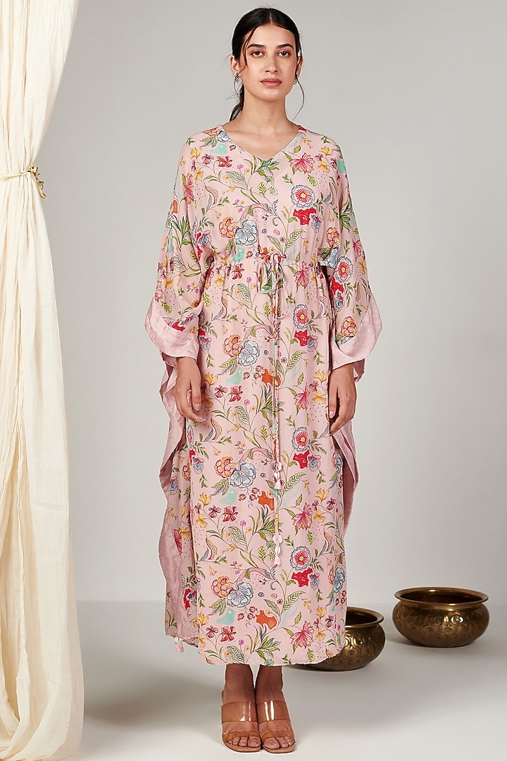 Pear Pink Georgette Floral Printed Kaftan by Blooming Threads at Pernia's Pop Up Shop