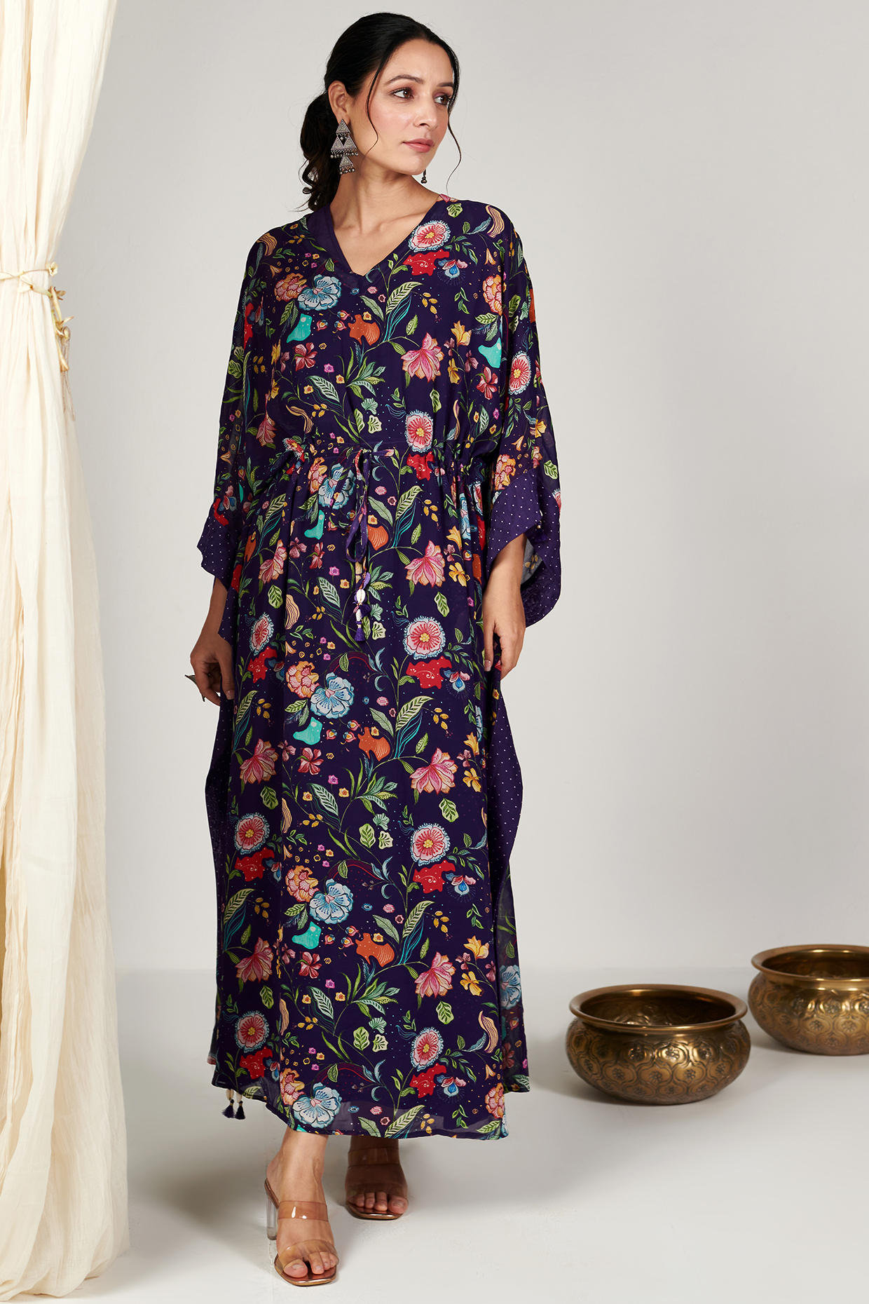 Deep Blue Georgette Floral Printed Kaftan by Blooming Threads at Pernia's Pop Up Shop