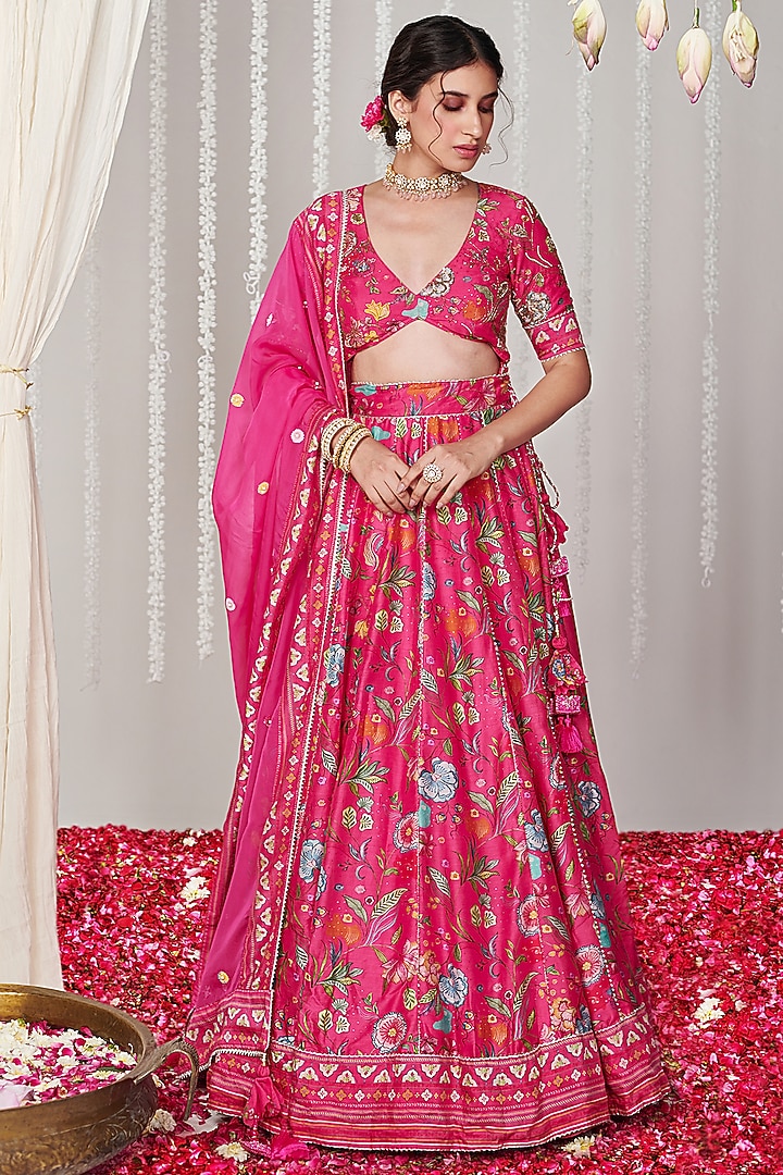 Hot Pink Cotton Silk Printed Wedding Lehenga Set by Blooming Threads at Pernia's Pop Up Shop
