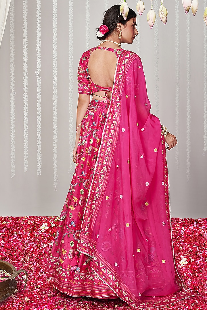 Hot Pink Cotton Silk Printed Wedding Lehenga Set by Blooming Threads at Pernia's Pop Up Shop