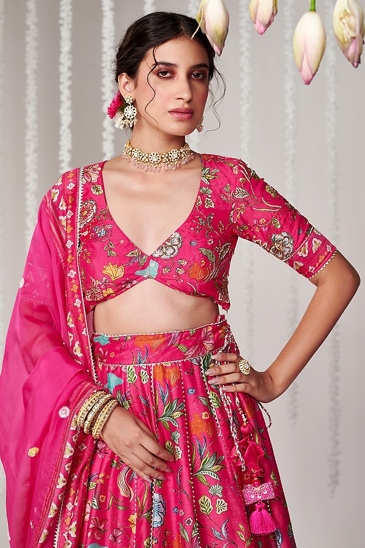Hot Pink Cotton Silk Printed Wedding Lehenga Set by Blooming Threads at Pernia's Pop Up Shop