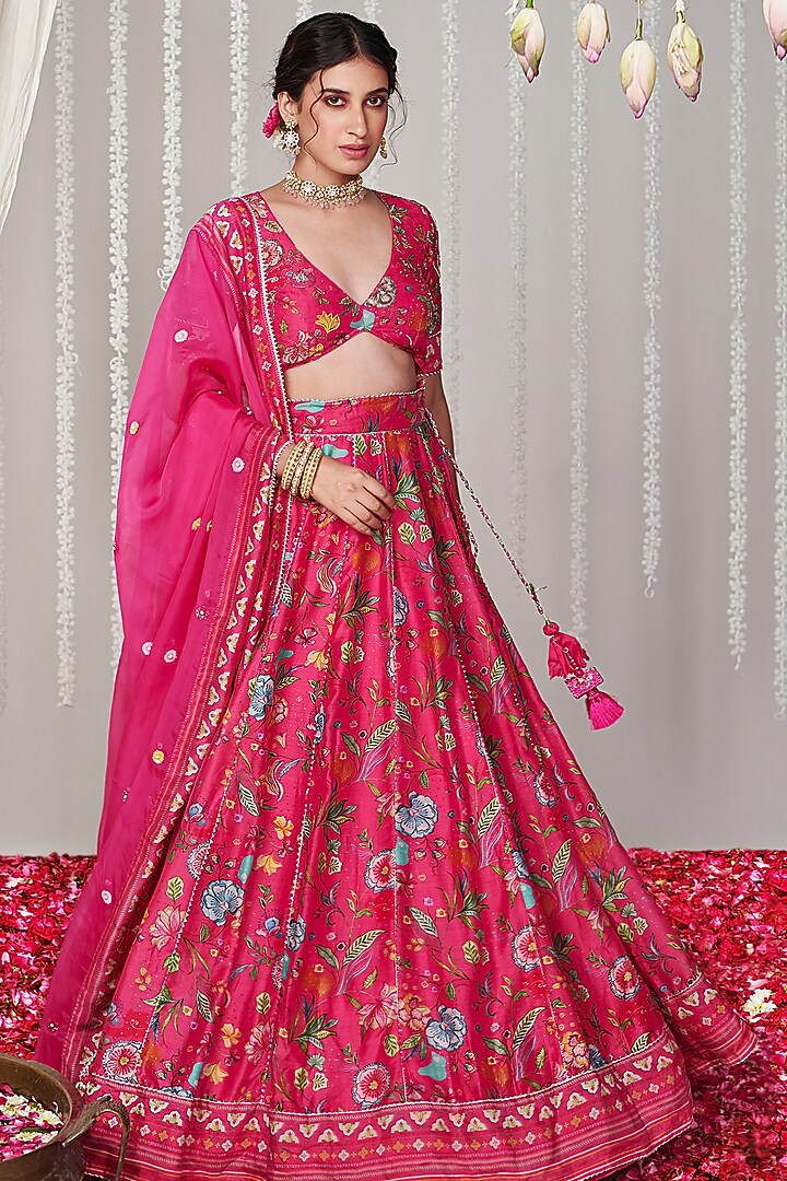Hot Pink Cotton Silk Printed Wedding Lehenga Set by Blooming Threads at Pernia's Pop Up Shop