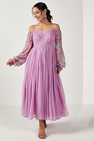 Lavender Georgette Polka Printed Maxi dress by Blooming Threads