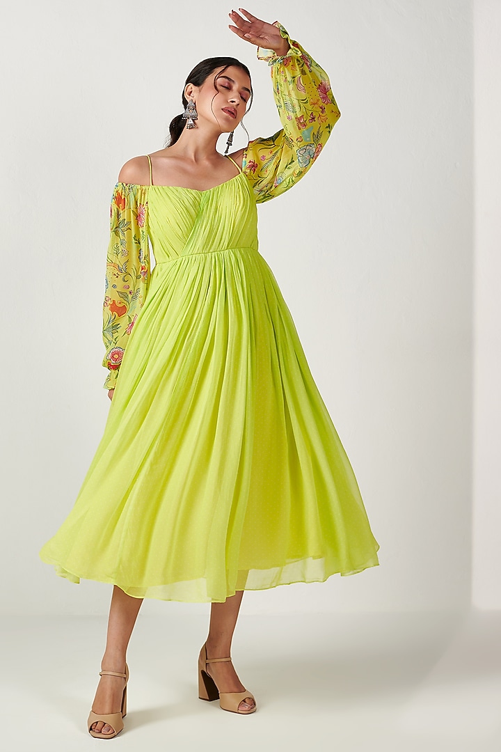 Neon Georgette Polka Printed Maxi Dress by Inara