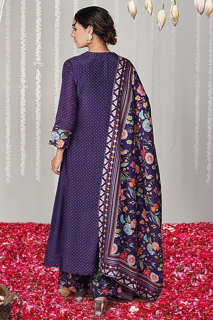 Purple Cotton Silk Polka Printed Kurta Set by Blooming Threads at Pernia's Pop Up Shop
