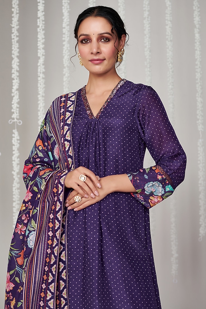 Purple Cotton Silk Polka Printed Kurta Set by Blooming Threads at Pernia's Pop Up Shop