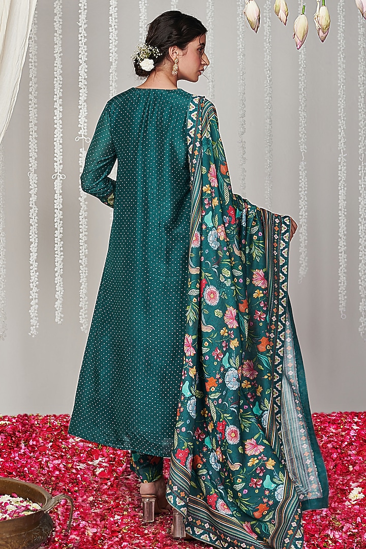 Botanical Green Cotton Silk Polka Printed A-Line Kurta Set by Blooming Threads at Pernia's Pop Up Shop