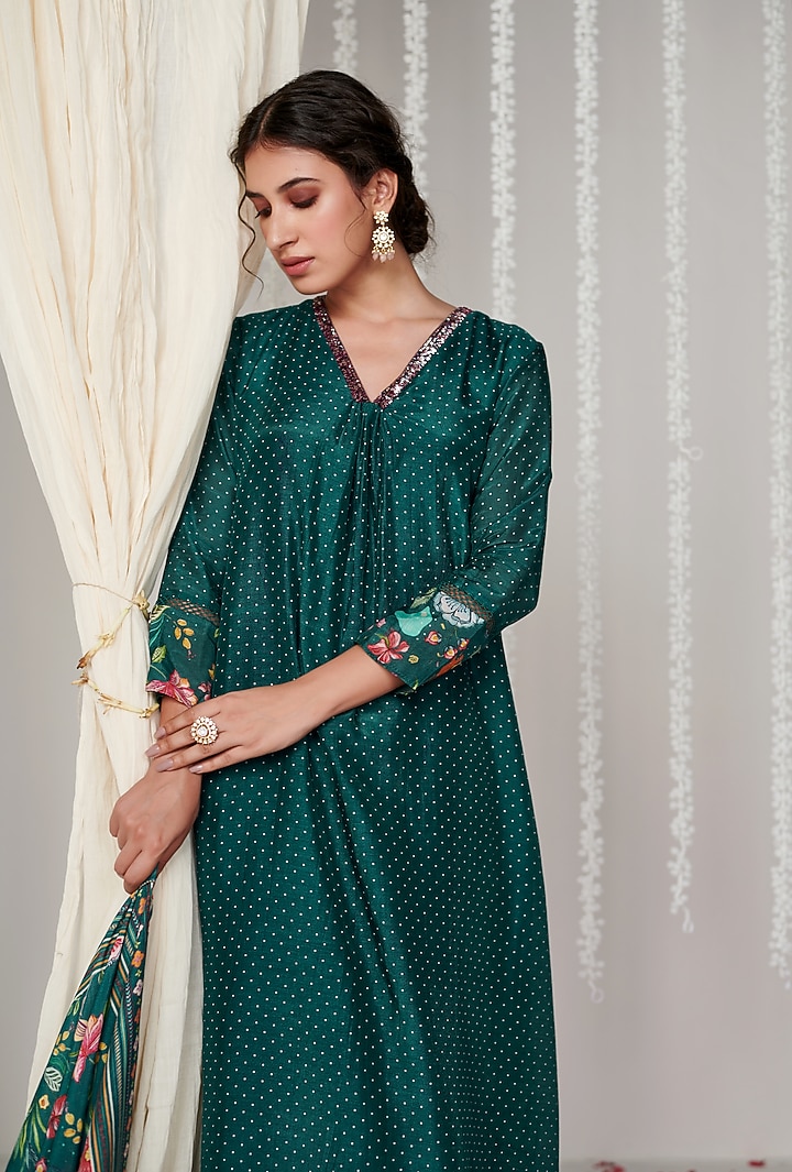 Botanical Green Cotton Silk Polka Printed A-Line Kurta Set by Blooming Threads at Pernia's Pop Up Shop