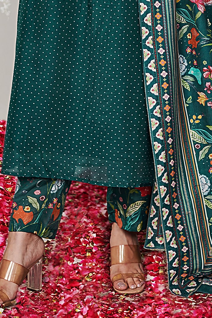 Botanical Green Cotton Silk Polka Printed A-Line Kurta Set by Blooming Threads at Pernia's Pop Up Shop