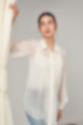 White Polka Printed Pintuck Shirt by Blooming Threads at Pernia's Pop Up Shop