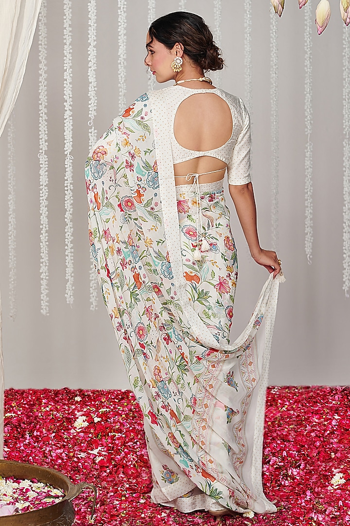 White Georgette Digital Printed Party Wear Saree by Blooming Threads at Pernia's Pop Up Shop