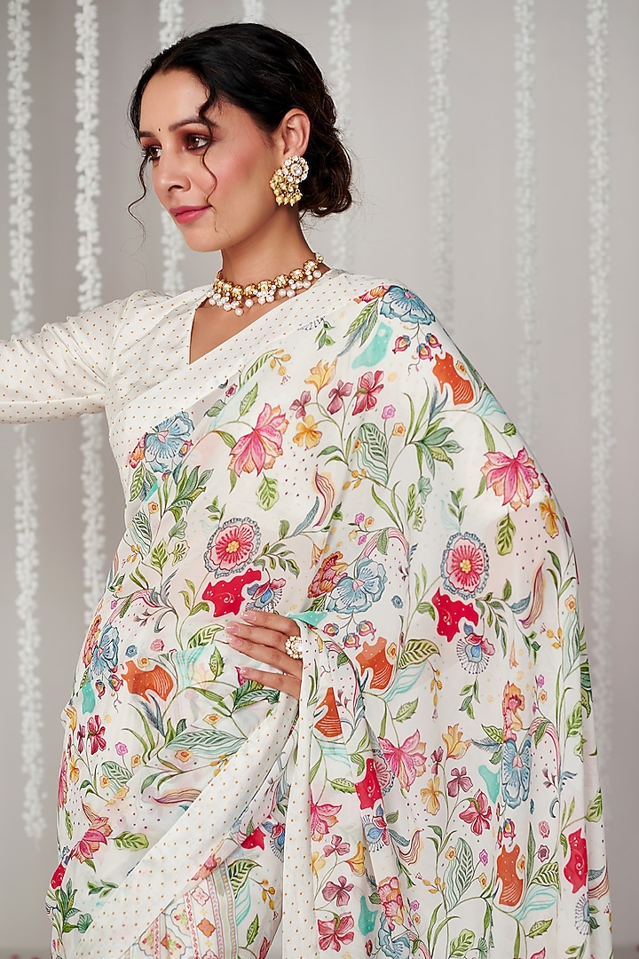 White Georgette Digital Printed Party Wear Saree by Blooming Threads at Pernia's Pop Up Shop