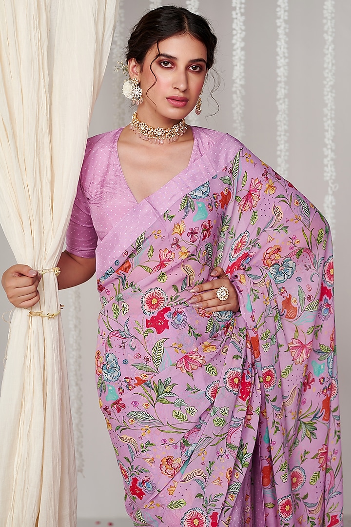 Lavender Georgette Digital Printed Party Wear Saree by Blooming Threads at Pernia's Pop Up Shop