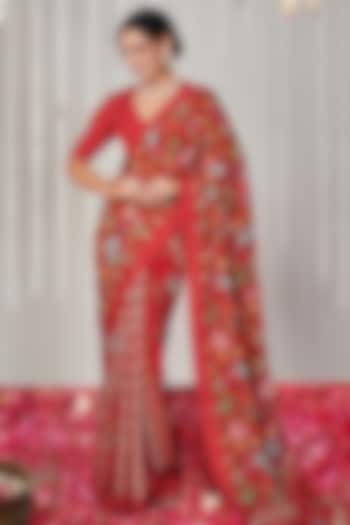 Red Georgette Digital Printed Saree by Blooming Threads at Pernia's Pop Up Shop