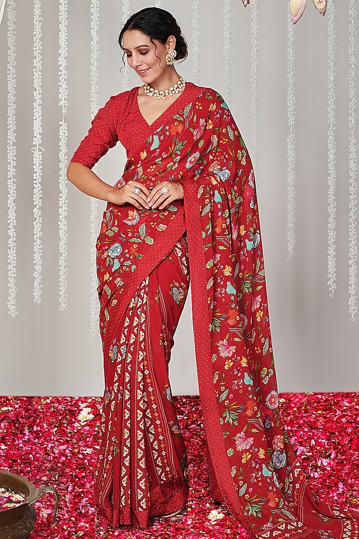 Red Georgette Digital Printed Saree by Blooming Threads at Pernia's Pop Up Shop