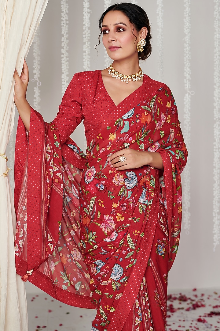 Red Georgette Digital Printed Party Wear Saree by Blooming Threads at Pernia's Pop Up Shop
