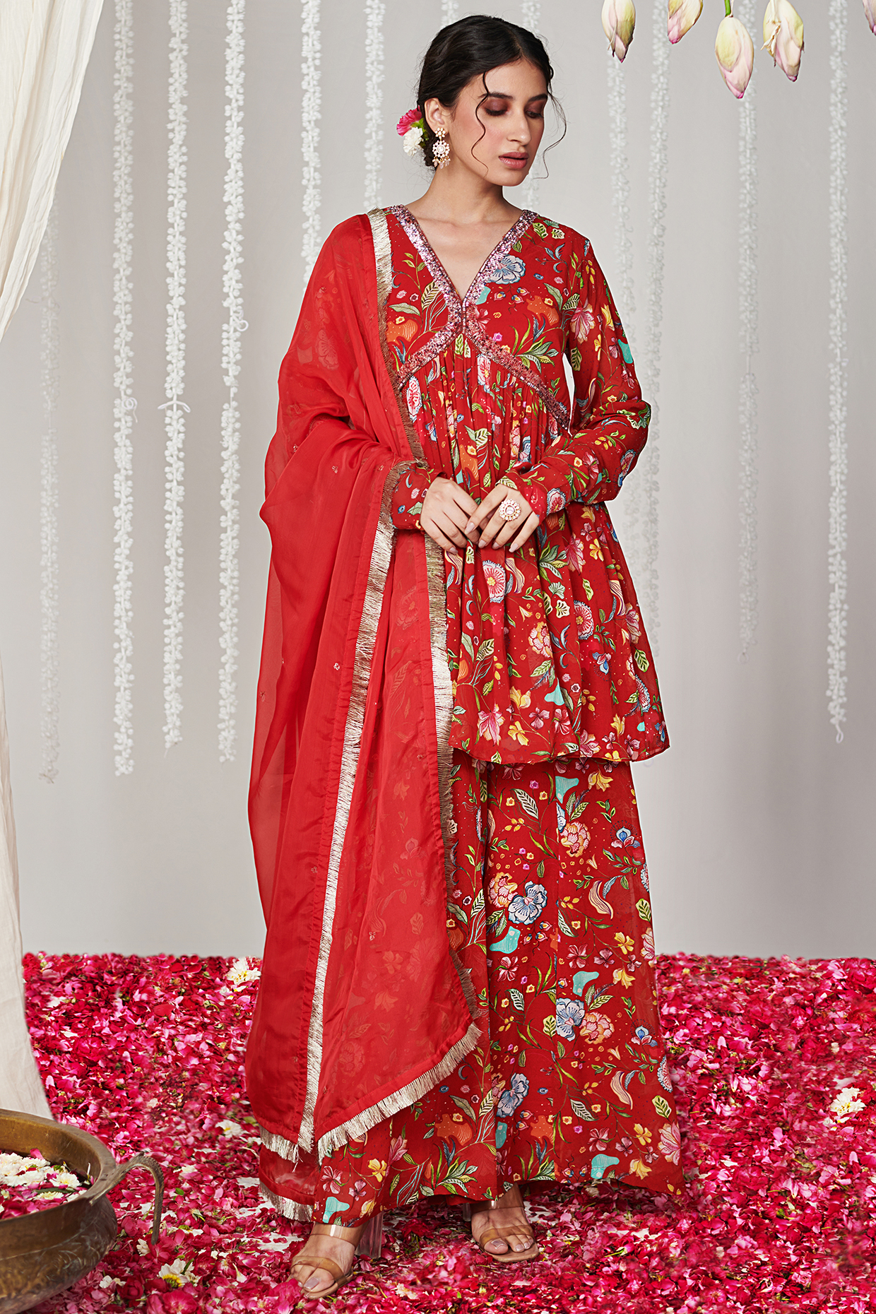 Red Georgette Floral Printed Party Wear Sharara Set by Blooming Threads at Pernia's Pop Up Shop