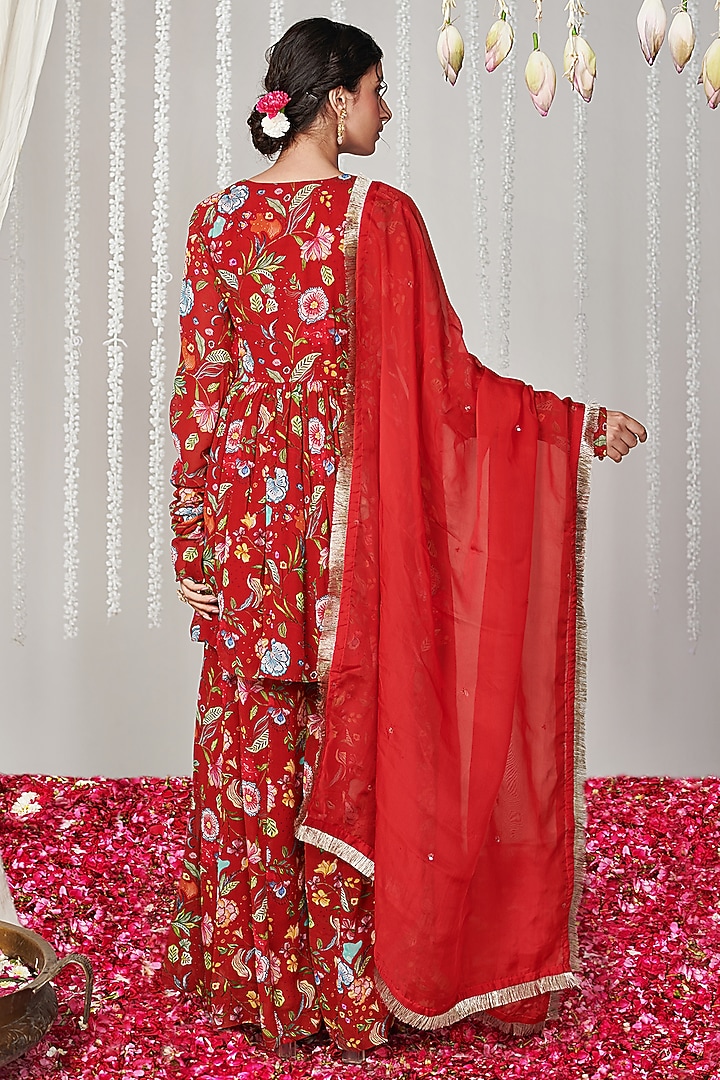 Red Georgette Floral Printed Party Wear Sharara Set by Blooming Threads at Pernia's Pop Up Shop