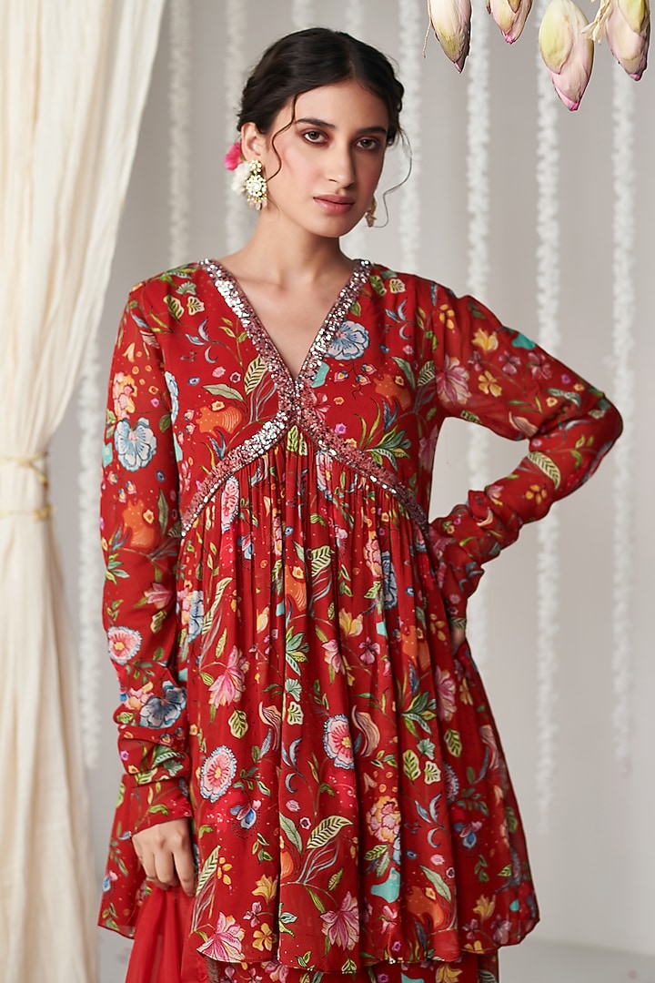 Red Georgette Floral Printed Party Wear Sharara Set by Blooming Threads at Pernia's Pop Up Shop