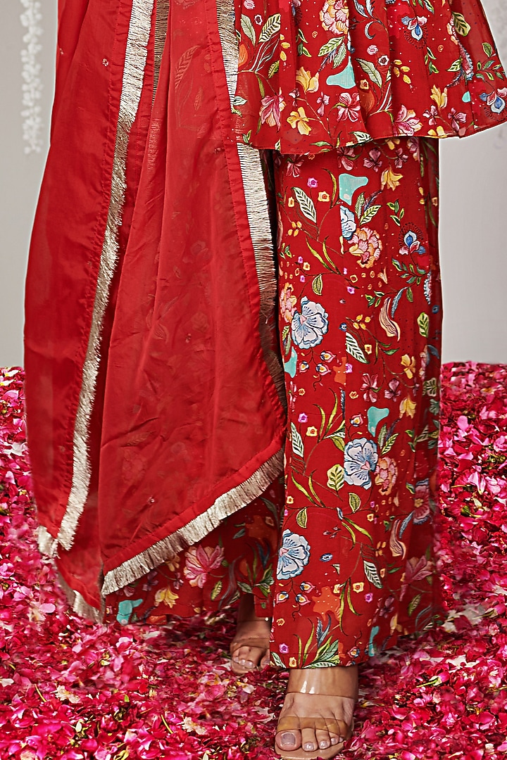 Red Georgette Floral Printed Party Wear Sharara Set by Blooming Threads at Pernia's Pop Up Shop
