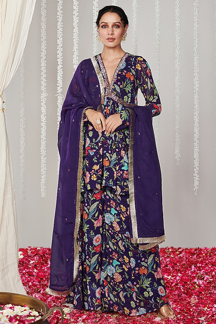 Purple Georgette Floral Printed Party Wear Sharara Set by Blooming Threads at Pernia's Pop Up Shop