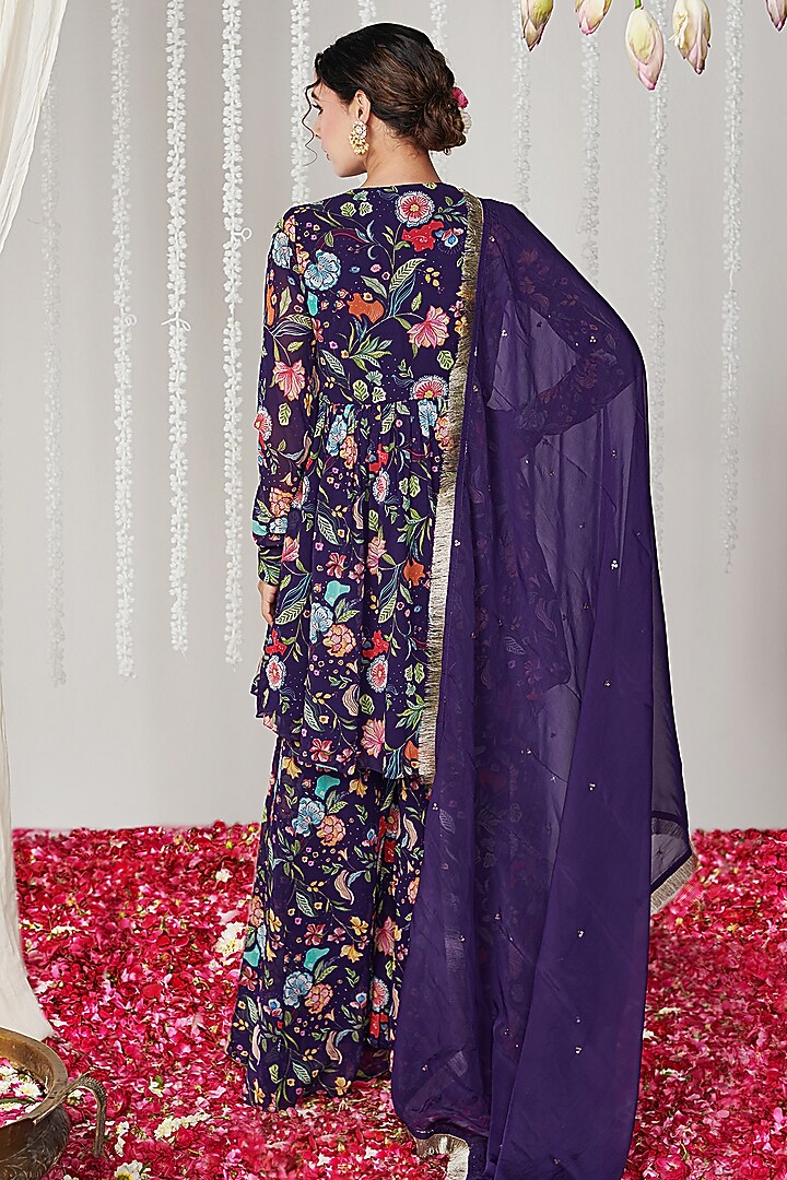 Purple Georgette Floral Printed Party Wear Sharara Set by Blooming Threads at Pernia's Pop Up Shop